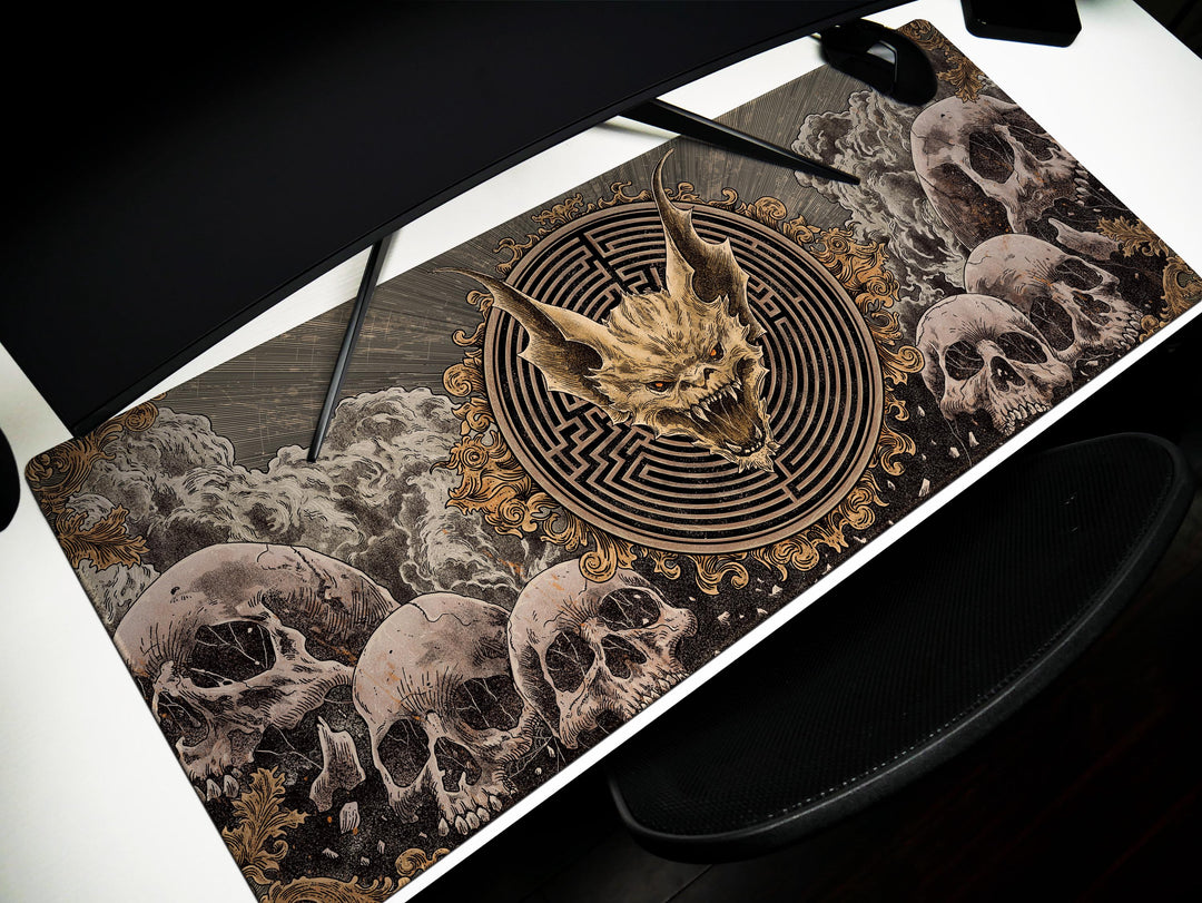 Labyrinth Inferno, Desk Pad, Mouse Pad, Desk Mat, Demonic Skull Centerpiece, Gothic Skulls, Hellish Maze, Baroque Horror Aesthetic